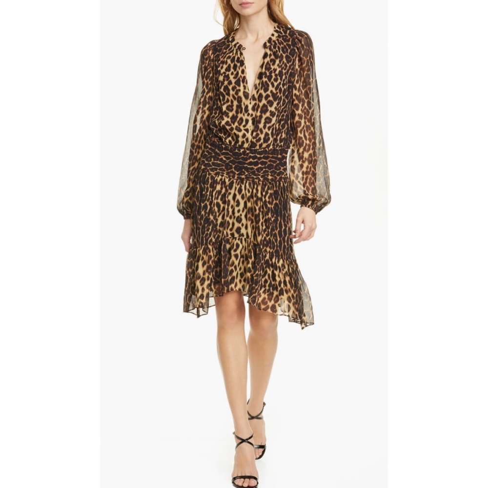 A.L.C. Sidney Leopard Print Long Sleeve Silk Dress - Size 12